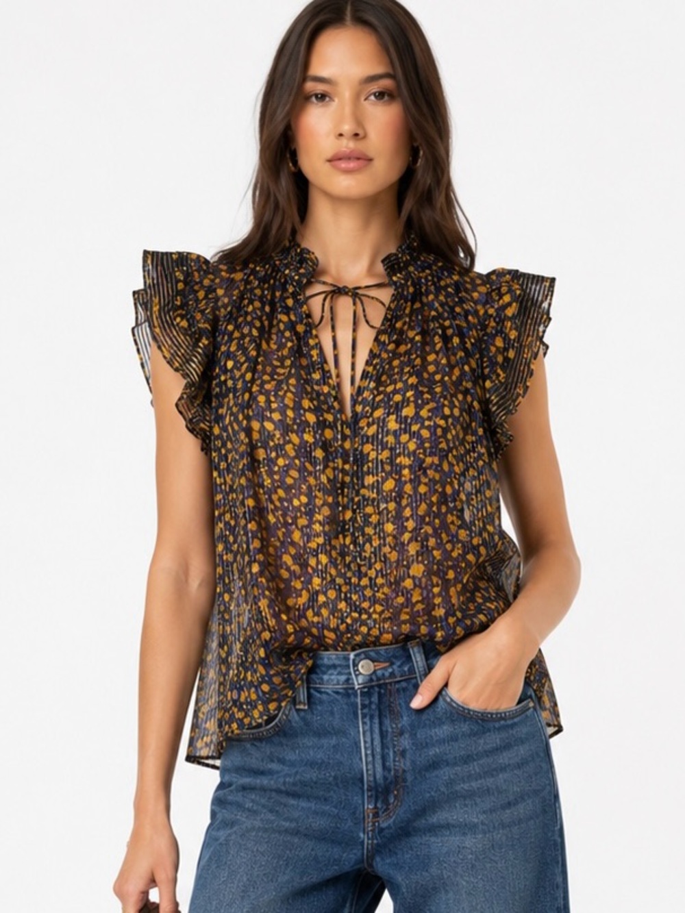 Ulla Johnson silk Black Sheer Blouse with Mustard Floral Print flowy